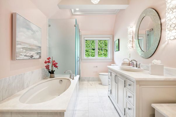 Bathroom, Dual Sink Vanities, Interior, Marble, Recessed Lighting