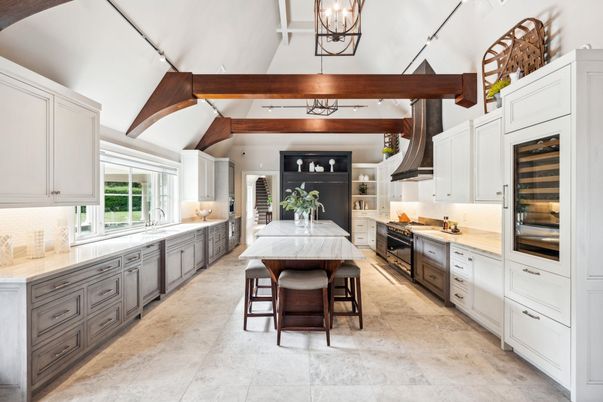 Interior, Kitchen, Pendant Lights, Stainless Steel Appliances, Wooden Beams