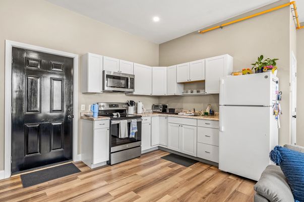 Interior, Kitchen, Recessed Lighting, Stainless Steel Appliances, Wood Texture Flooring