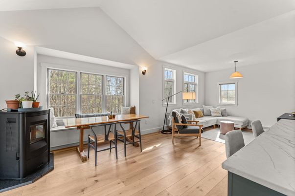 Dining room, Interior, Living room, Pendant Lights, Wood Texture Flooring