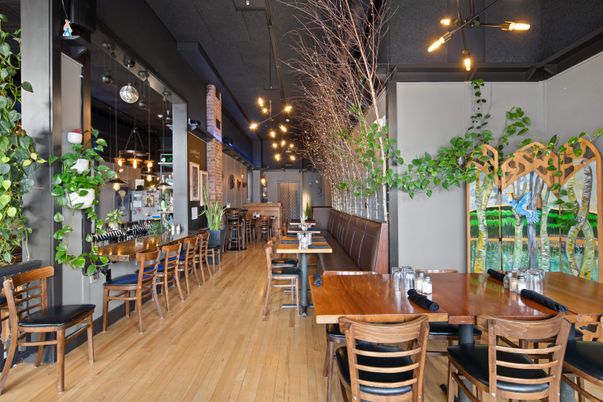 Dining room, Interior, Pendant Lights, Wood Texture Flooring