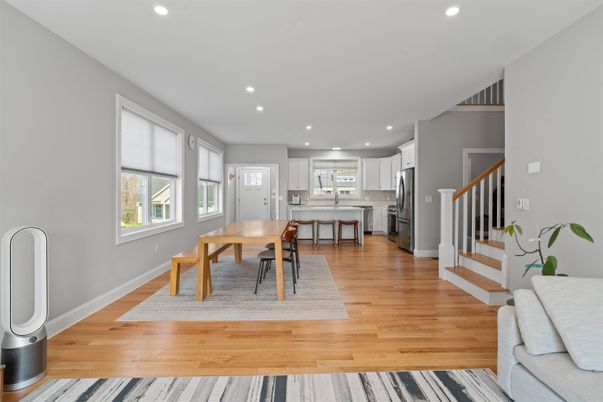 Dining room, Interior, Kitchen, Recessed Lighting, Stainless Steel Appliances, Wood Texture Flooring