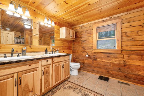 Bathroom, Dual Sink Vanities, Interior, Wooden Ceilings, Wooden Walls