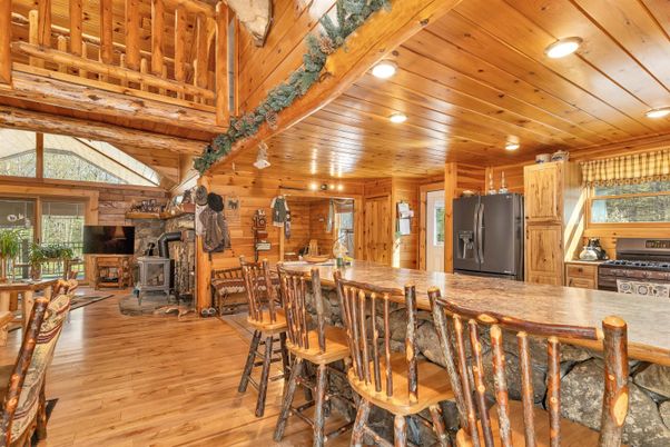 Fireplace, Interior, Kitchen, Recessed Lighting, Wooden Beams, Wooden Ceilings, Wood Texture Flooring, Wooden Walls