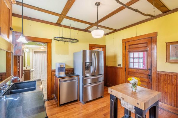 Interior, Kitchen, Pendant Lights, Stainless Steel Appliances, Wooden Beams, Wood Texture Flooring