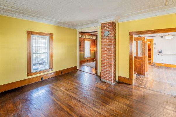 Empty room, Interior, Pendant Lights, Stone Walls, Wood Texture Flooring