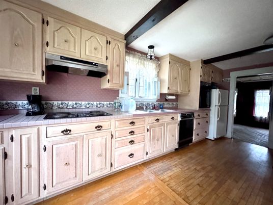 Interior, Kitchen, Tile Countertops, Wood Texture Flooring
