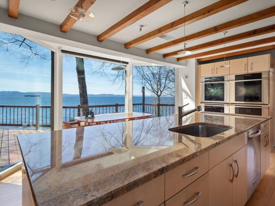 Interior, Kitchen, Pendant Lights, Stainless Steel Appliances, Water, Wooden Beams, Wood Texture Flooring