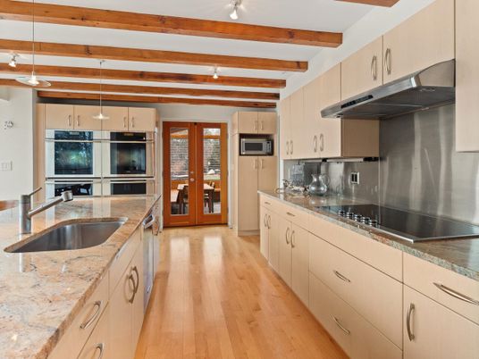 Interior, Kitchen, Pendant Lights, Stainless Steel Appliances, Wooden Beams, Wood Texture Flooring