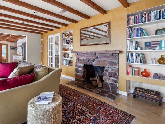 Fireplace, Interior, Living room, Recessed Lighting, Wooden Beams, Wood Texture Flooring