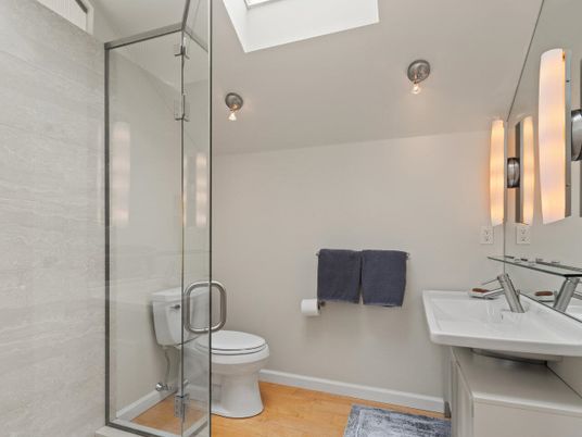 Bathroom, Glass Shower, Interior, Wood Texture Flooring