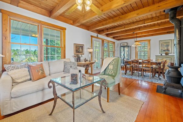 Dining room, Fireplace, Interior, Living room, Pendant Lights, Wooden Beams, Wooden Ceilings, Wood Texture Flooring