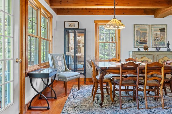 Dining room, Interior, Pendant Lights, Wooden Beams, Wooden Ceilings, Wood Texture Flooring