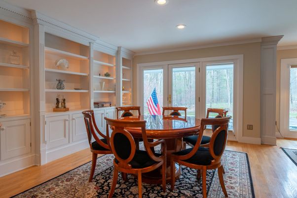 Dining room, Interior, Recessed Lighting, Wood Texture Flooring