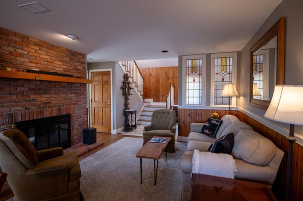 Fireplace, Interior, Living room, Stone Walls, Wood Texture Flooring
