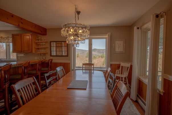 Chandelier, Dining room, Interior, Wooden Beams, Wood Texture Flooring