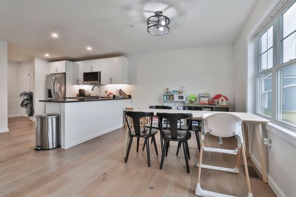 Dining room, Interior, Kitchen, Recessed Lighting, Stainless Steel Appliances, Wood Texture Flooring