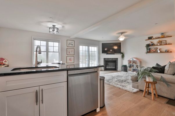 Fireplace, Interior, Kitchen, Living room, Wood Texture Flooring