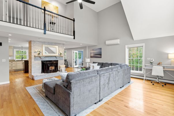 Fireplace, Home Office, Interior, Living room, Recessed Lighting, Wood Texture Flooring