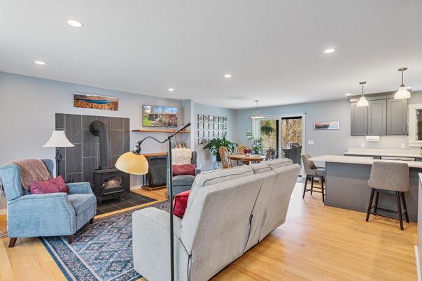 Dining room, Fireplace, Interior, Kitchen, Living room, Pendant Lights, Recessed Lighting, Wood Texture Flooring