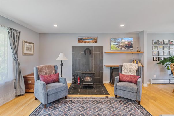 Fireplace, Interior, Recessed Lighting, Wood Texture Flooring