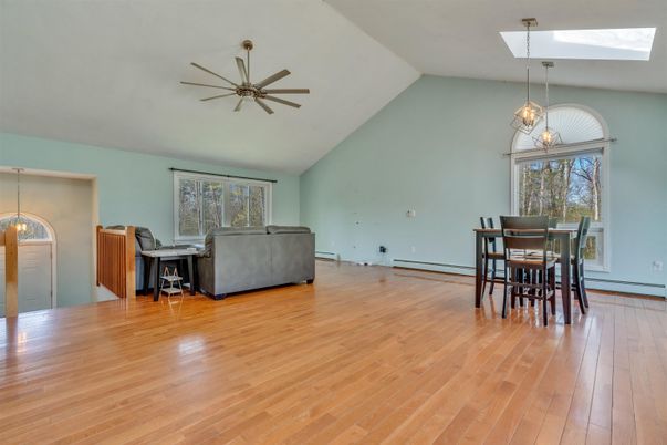 Dining room, Interior, Living room, Pendant Lights, Wood Texture Flooring