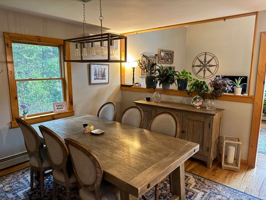 Dining room, Interior, Pendant Lights, Wood Texture Flooring