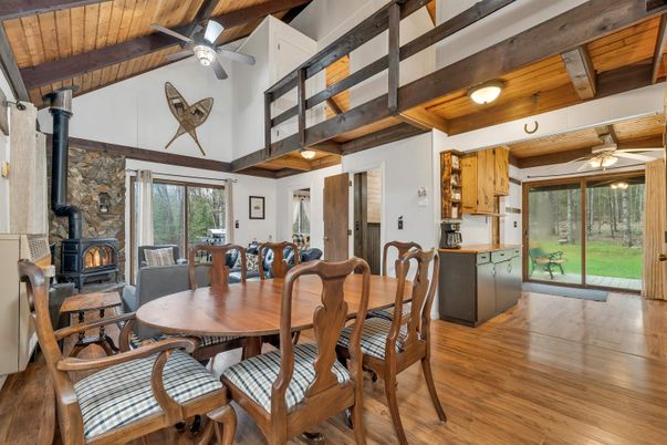 Dining room, Fireplace, Interior, Stone Walls, Wooden Beams, Wooden Ceilings, Wood Texture Flooring