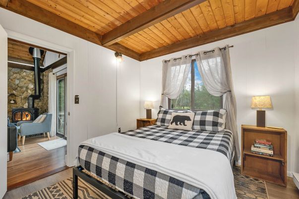 Bedroom, Fireplace, Interior, Stone Walls, Wooden Beams, Wooden Ceilings, Wood Texture Flooring