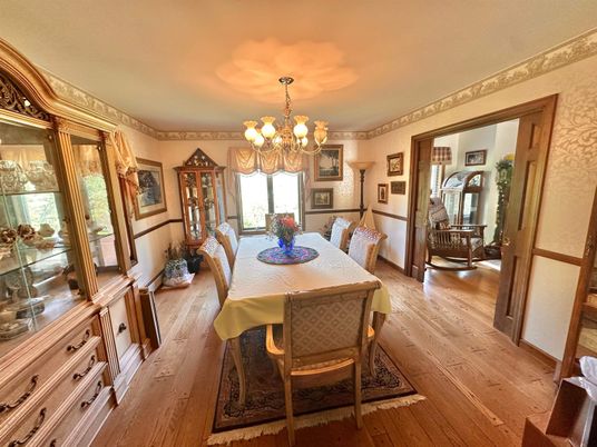 Chandelier, Dining room, Interior, Wood Texture Flooring
