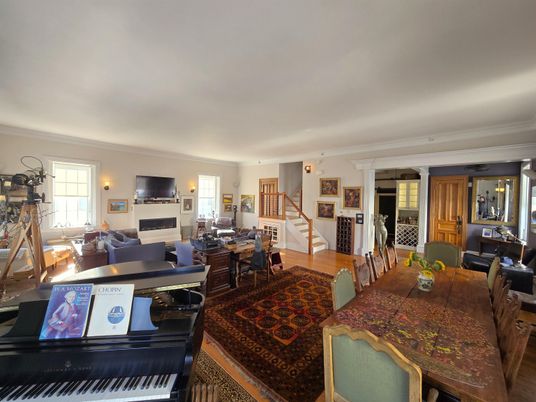 Dining room, Fireplace, Interior, Living room, Piano, Wood Texture Flooring