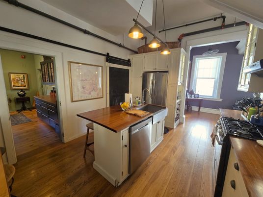 Interior, Kitchen, Pendant Lights, Stainless Steel Appliances, Wood Texture Flooring