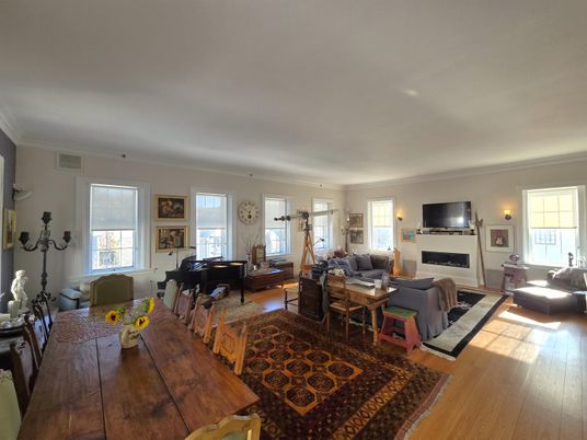 Dining room, Fireplace, Interior, Living room, Piano, Wood Texture Flooring