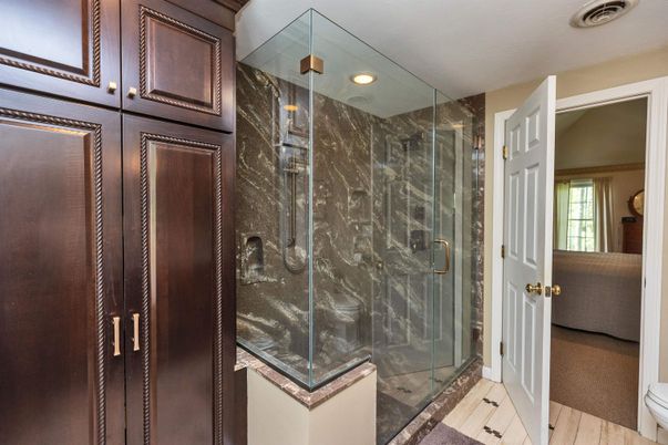 Bathroom, Glass Shower, Interior, Recessed Lighting, Wood Texture Flooring