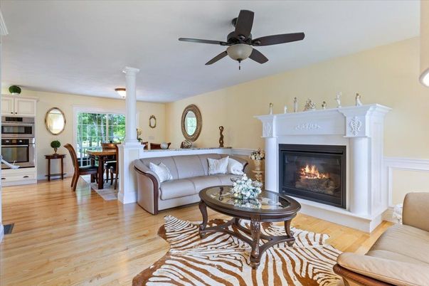 Dining room, Fireplace, Interior, Living room, Wood Texture Flooring