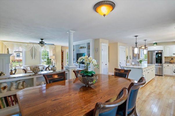 Dining room, Interior, Kitchen, Pendant Lights, Stainless Steel Appliances, Wood Texture Flooring