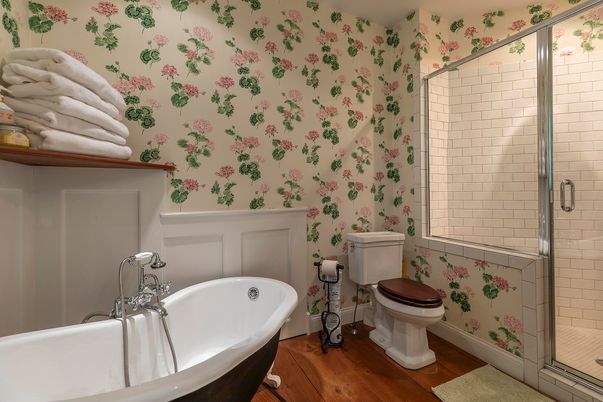 Bathroom, Free Standing Baths, Glass Shower, Interior, Wood Texture Flooring