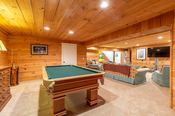 Billiard Table, Game Room, Interior, Living room, Recessed Lighting, Wooden Ceilings, Wooden Walls