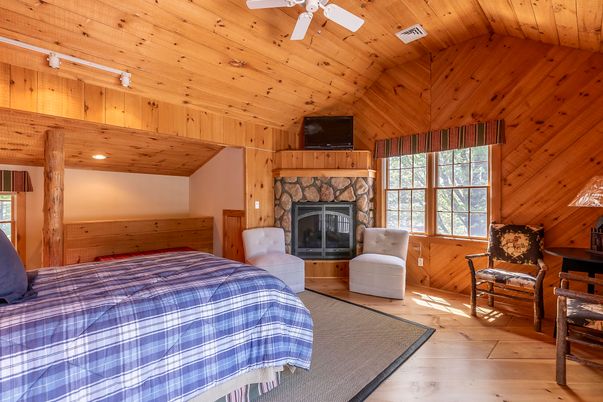 Bedroom, Fireplace, Interior, Recessed Lighting, Wooden Ceilings, Wood Texture Flooring, Wooden Walls