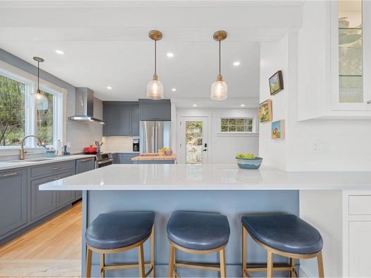 Interior, Kitchen, Pendant Lights, Recessed Lighting, Stainless Steel Appliances, Wood Texture Flooring