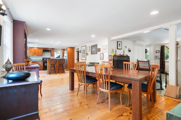 Dining room, Interior, Kitchen, Recessed Lighting, Wood Texture Flooring
