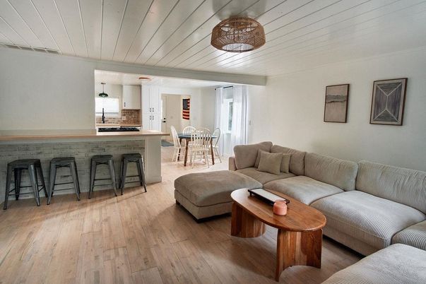 Dining room, Interior, Kitchen, Living room, Pendant Lights, Wood Texture Flooring