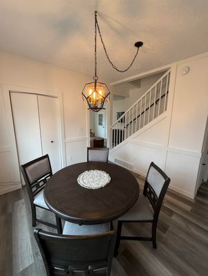 Chandelier, Dining room, Interior, Pendant Lights, Wood Texture Flooring
