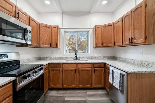 Interior, Kitchen, Recessed Lighting, Stainless Steel Appliances, Wood Texture Flooring