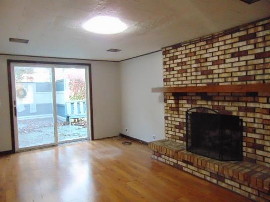 Empty room, Fireplace, Interior, Stone Walls, Wood Texture Flooring