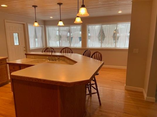 Interior, Kitchen, Pendant Lights, Recessed Lighting, Wooden Ceilings, Wood Texture Flooring