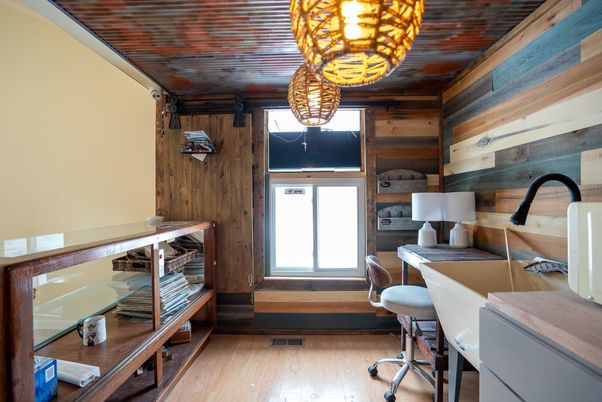 Chandelier, Home Office, Interior, Pendant Lights, Wood Texture Flooring, Wooden Walls