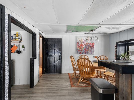 Dining room, Interior, Pendant Lights, Wood Texture Flooring