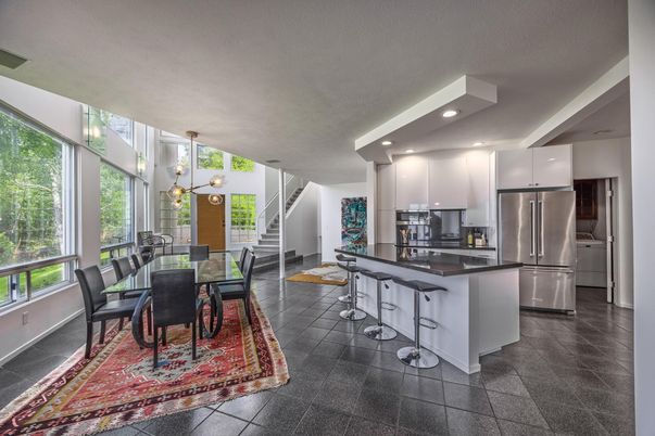 Dining room, Interior, Kitchen, Pendant Lights, Recessed Lighting, Stainless Steel Appliances