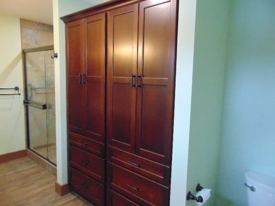 Bathroom, Glass Shower, Interior, Wood Texture Flooring